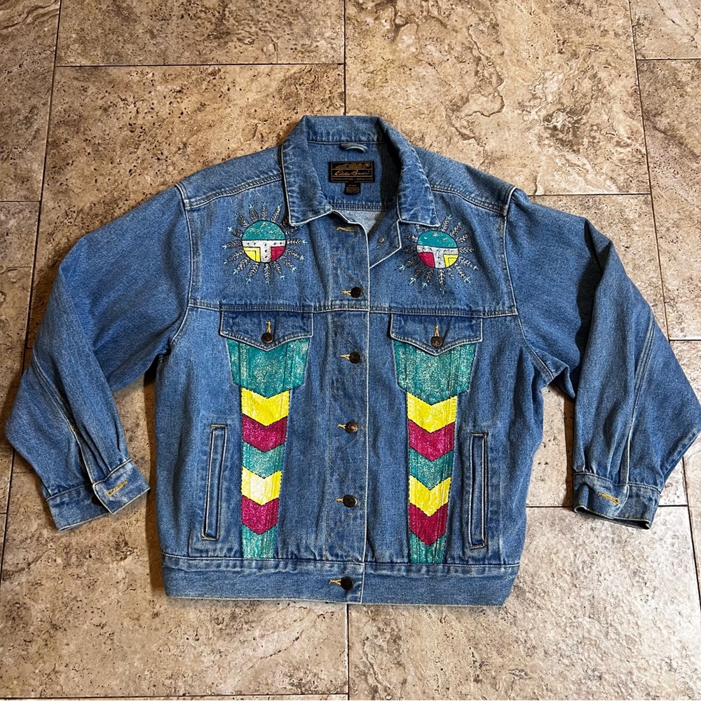 Vtg 90s Eddie Bauer Jacket Mens L Blue Denim Jean Trucker Embroidered